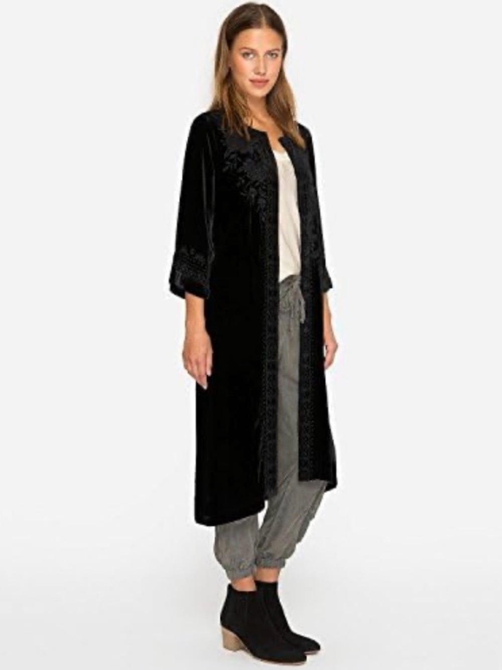 Johnny Was Black Vixie Velvet Floral Embroidered Kimono Duster Cardigan